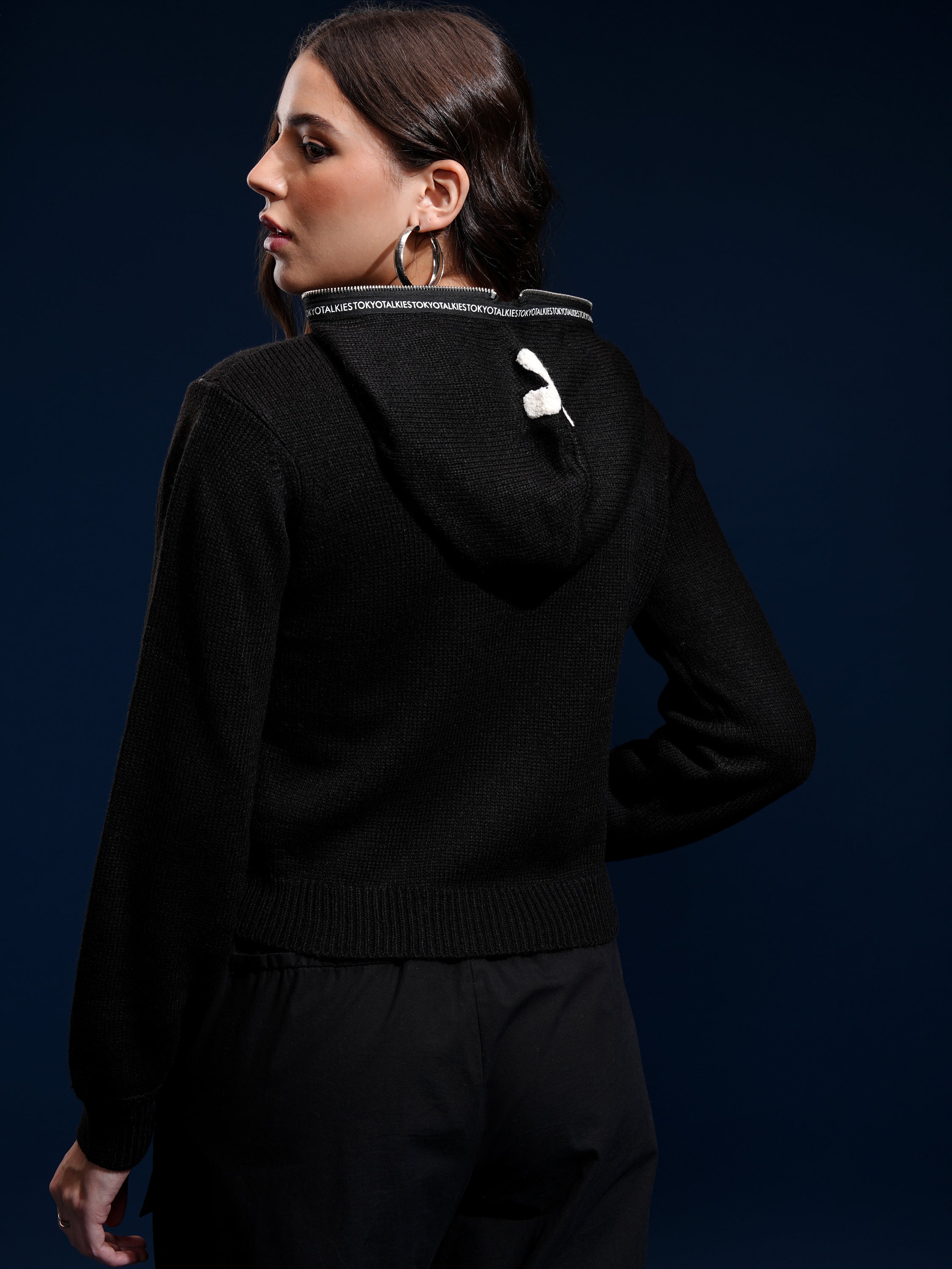Tokyo Talkies Women Black Hood Sweater - Black - Image 3