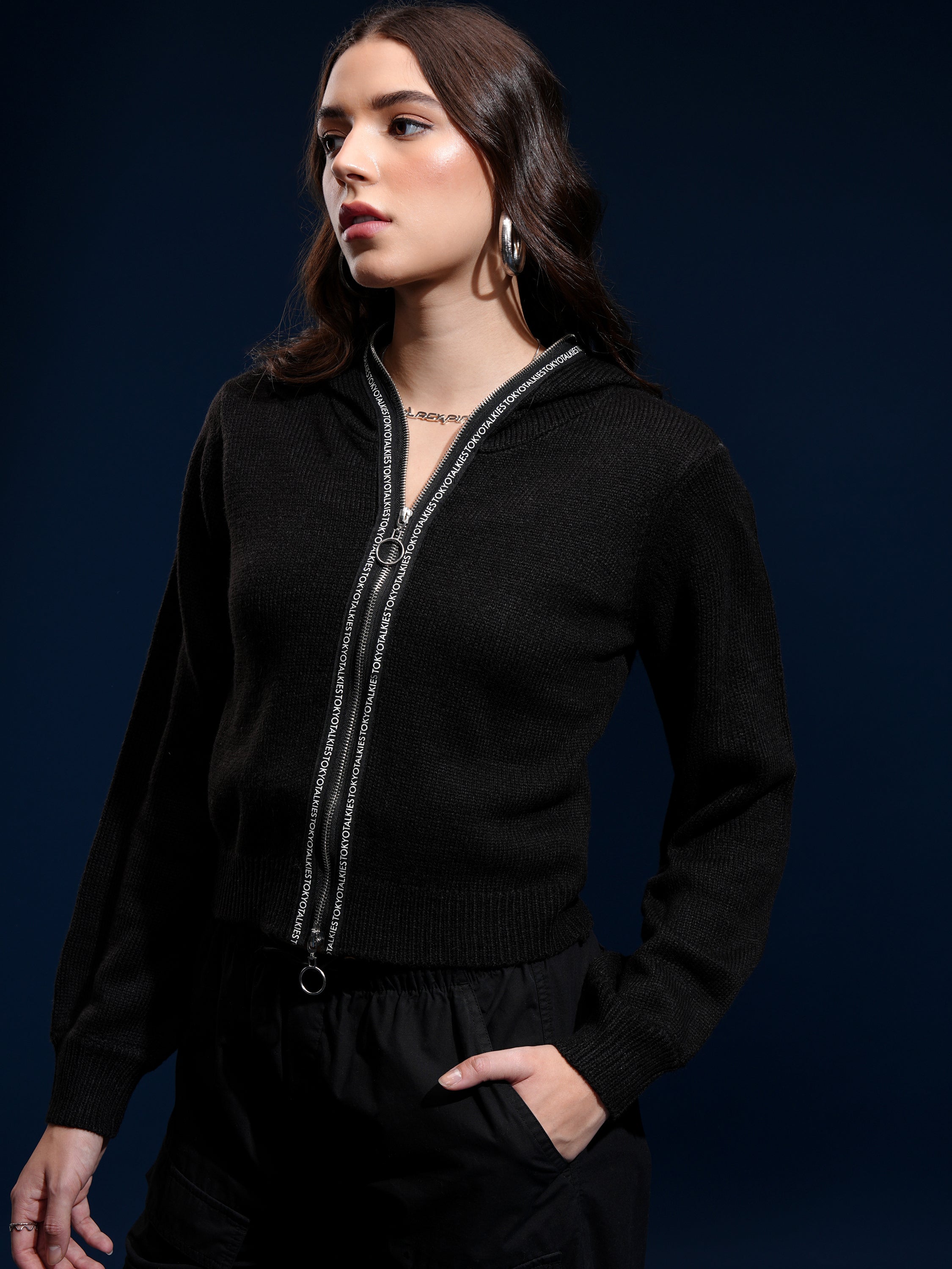Tokyo Talkies Women Black Hood Sweater - Black - Image 4