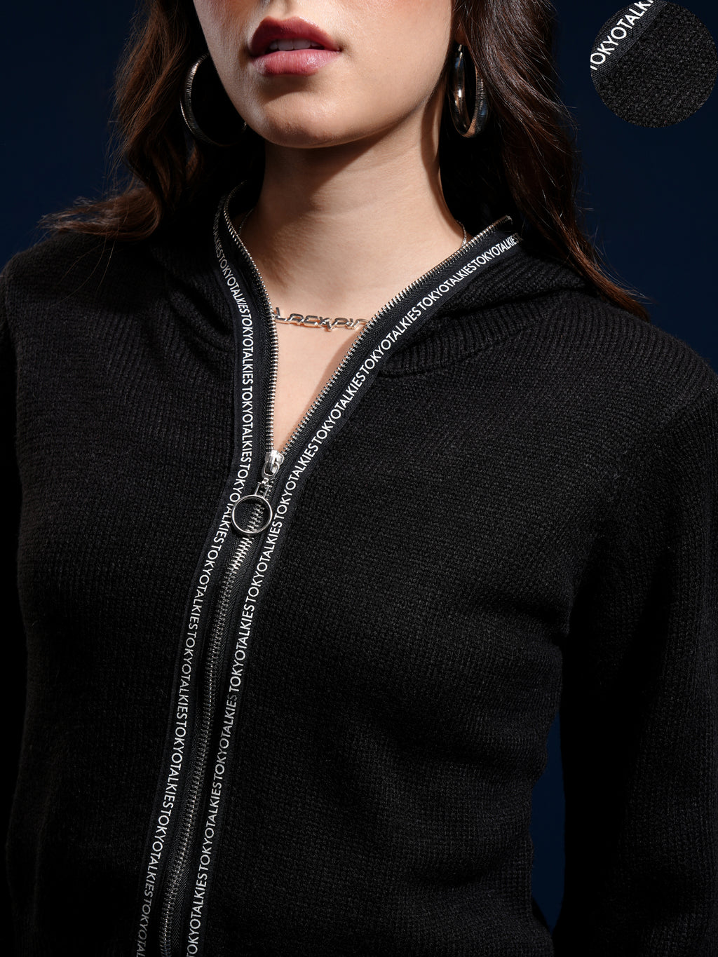 Tokyo Talkies Women Black Hood Sweater - Black - Image 5