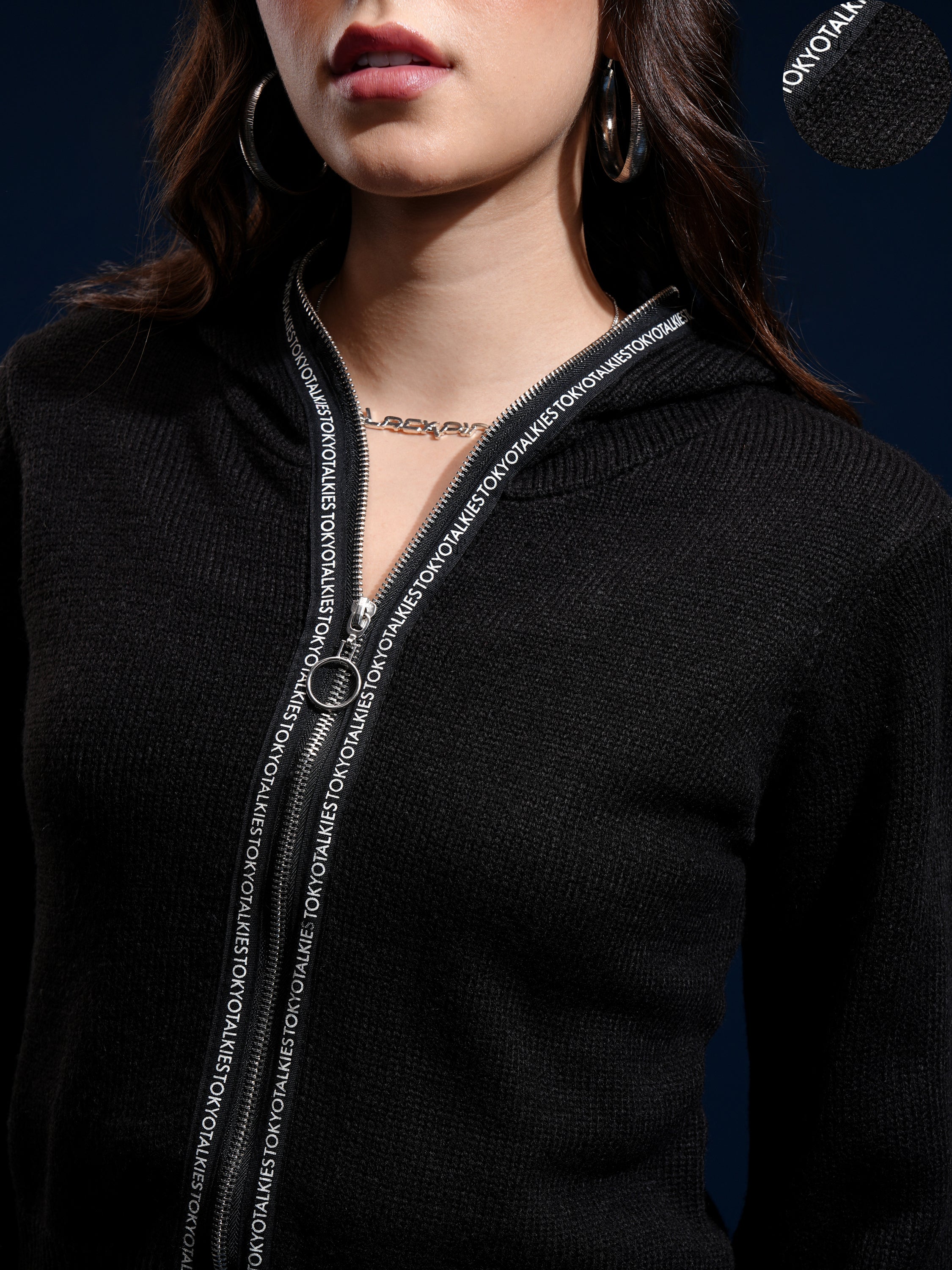 Tokyo Talkies Women Black Hood Sweater - Black - Image 5