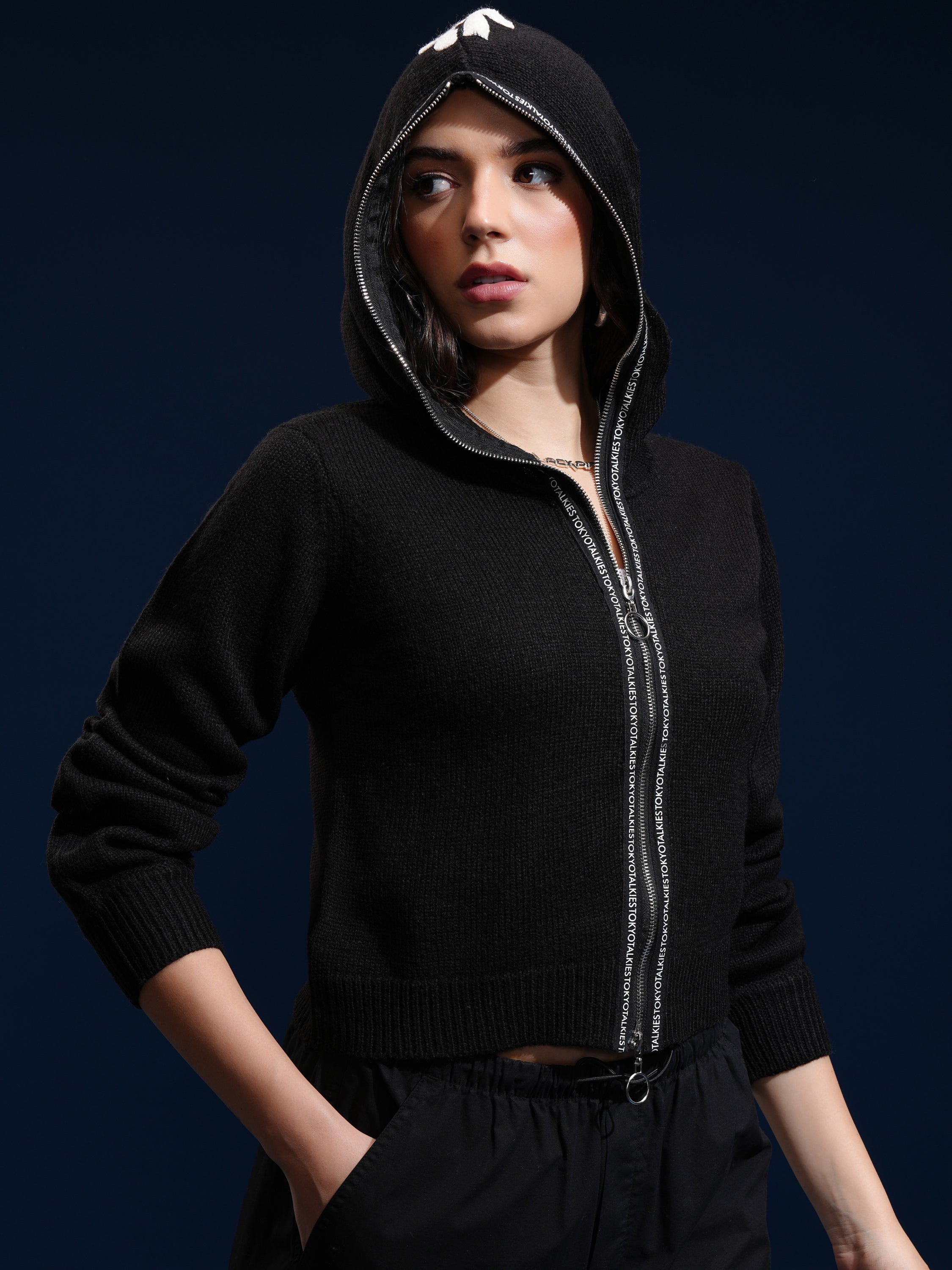 Tokyo Talkies Women Black Hood Sweater - Black - Image 6