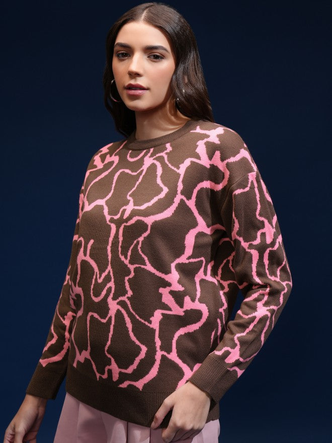 Tokyo Talkies Women Brown Round Neck Sweater - Brown - Image 4