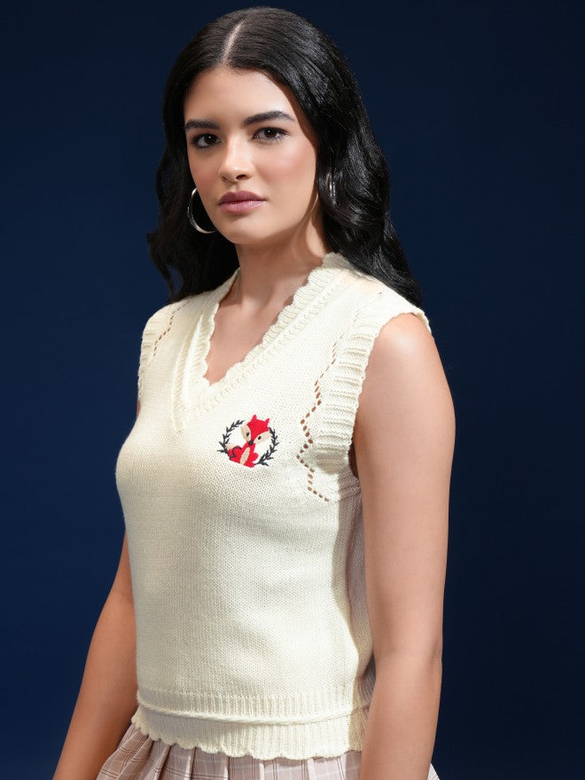 Tokyo Talkies Women Beige V-Neck Sweater - Beige - Image 4
