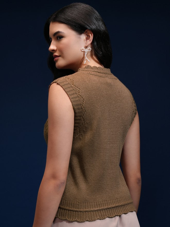 Tokyo Talkies Women Brown V-Neck Sweater - Brown - Image 3