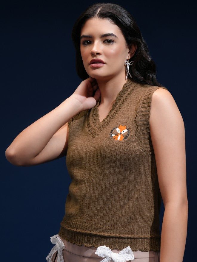 Tokyo Talkies Women Brown V-Neck Sweater - Brown - Image 4