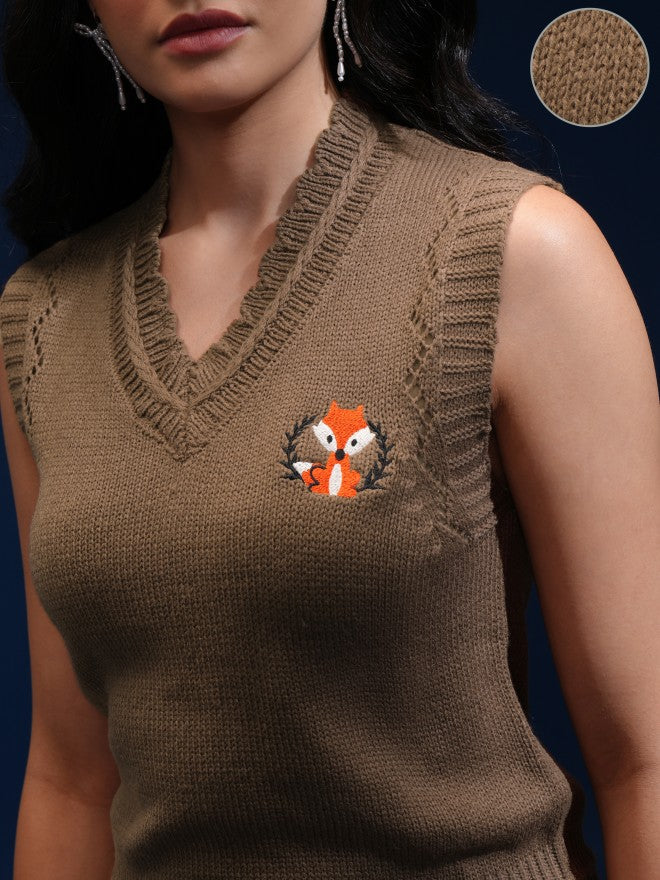 Tokyo Talkies Women Brown V-Neck Sweater - Brown - Image 5