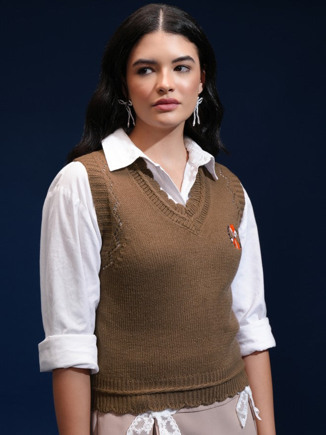 Tokyo Talkies Women Brown V-Neck Sweater - Brown - Image 6