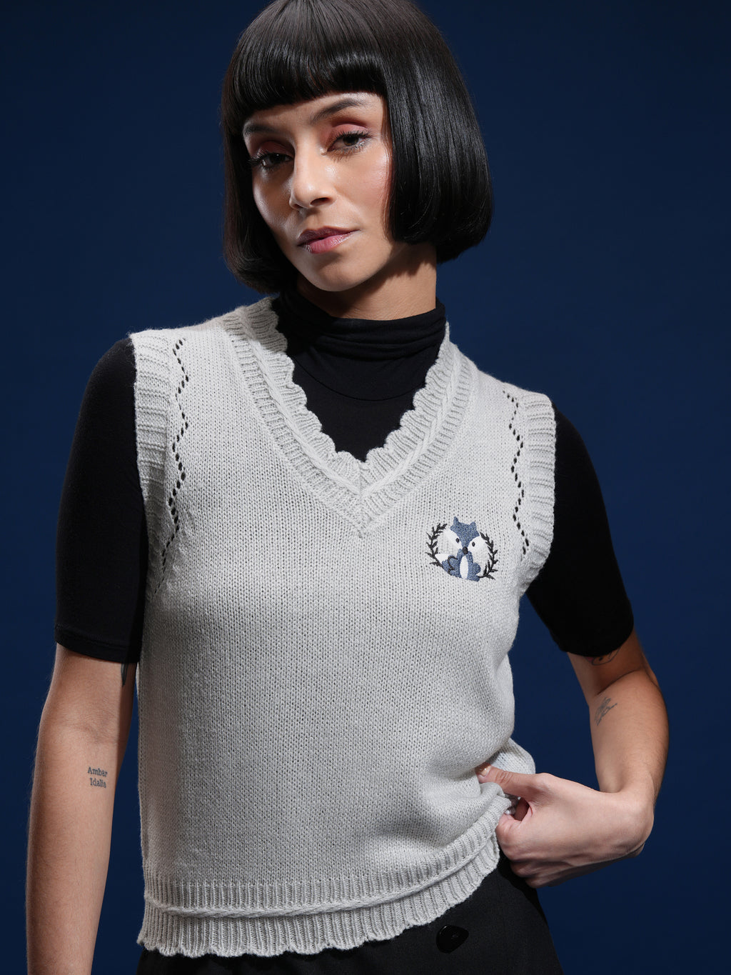 Tokyo Talkies Women Grey V-Neck Sweater - Grey - Image 1