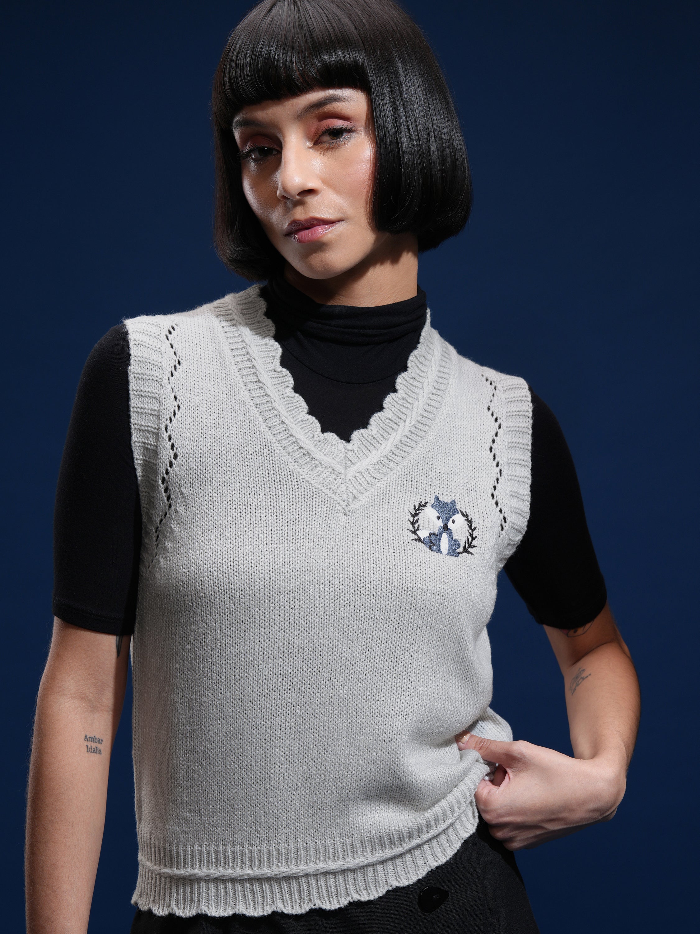 Tokyo Talkies Women Grey V-Neck Sweater - Grey - Image 1