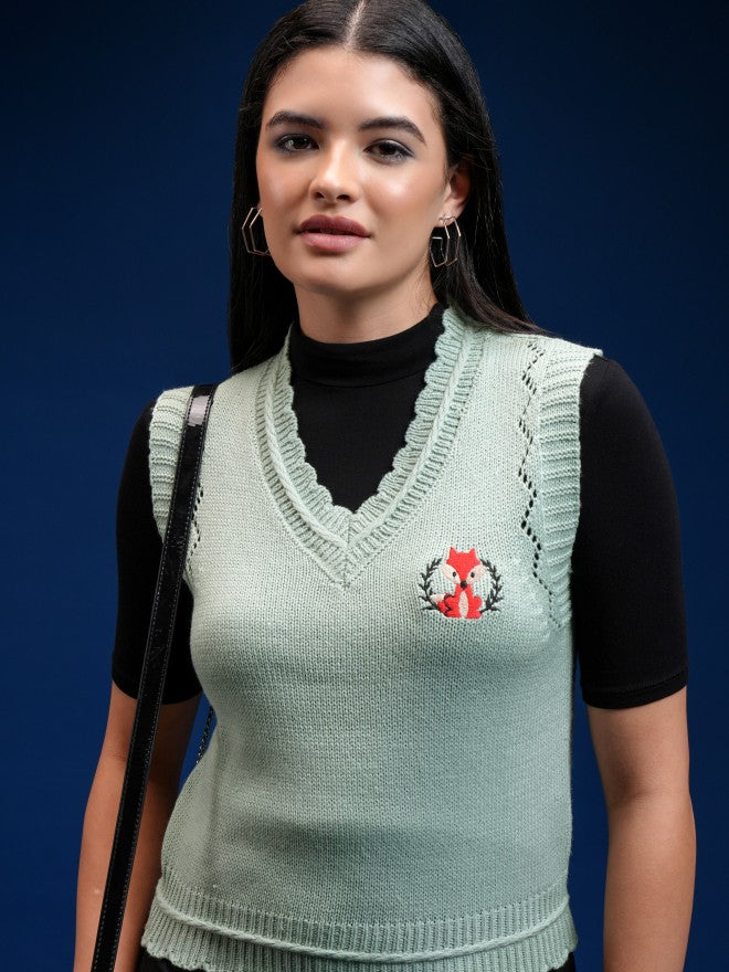 Tokyo Talkies Women Green V-Neck Sweater - Green - Image 1