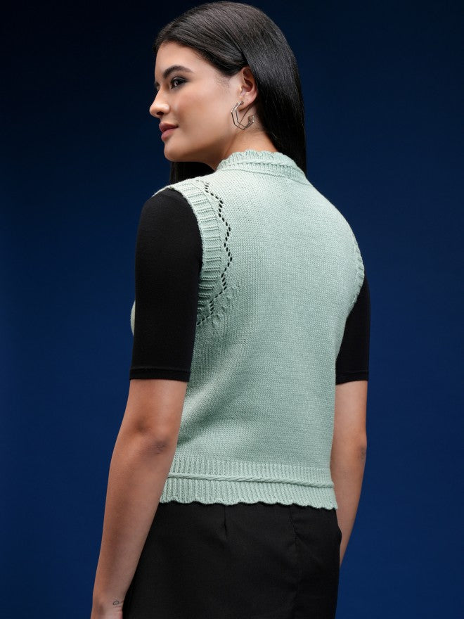 Tokyo Talkies Women Green V-Neck Sweater - Green - Image 3