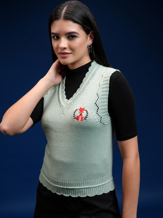 Tokyo Talkies Women Green V-Neck Sweater - Green - Image 4