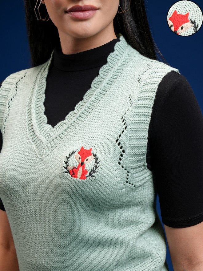 Tokyo Talkies Women Green V-Neck Sweater - Green - Image 5