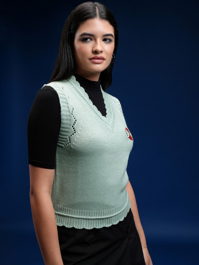 Tokyo Talkies Women Green V-Neck Sweater - Green - Image 6