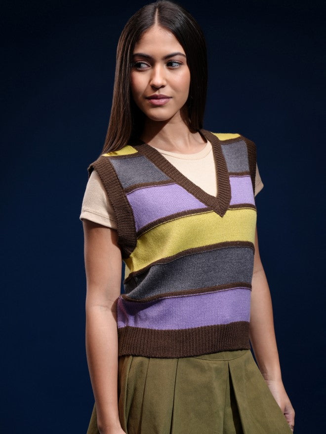 Tokyo Talkies Women Brown V-Neck Sweater - Brown - Image 6