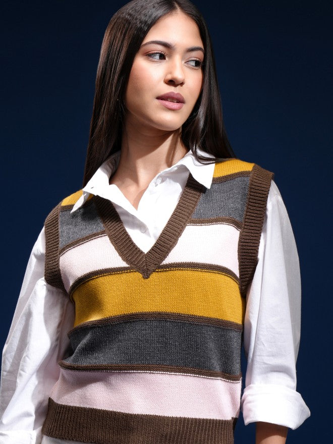 Tokyo Talkies Women Brown V-Neck Sweater - Brown - Image 1