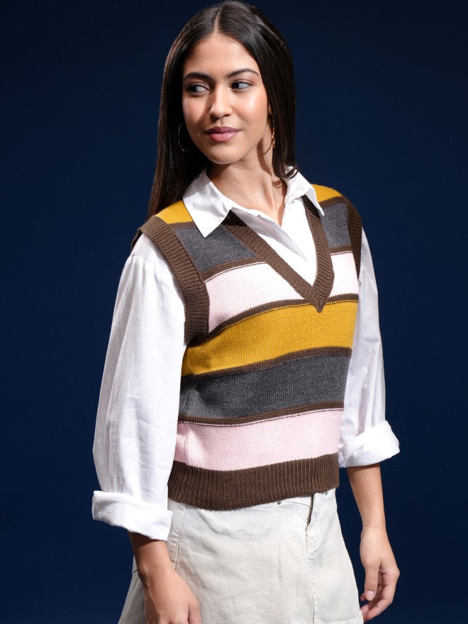 Tokyo Talkies Women Brown V-Neck Sweater - Brown - Image 6