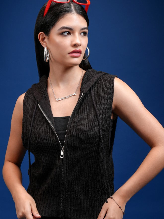 Tokyo Talkies Women Black Hood Sweater - Black - Image 1