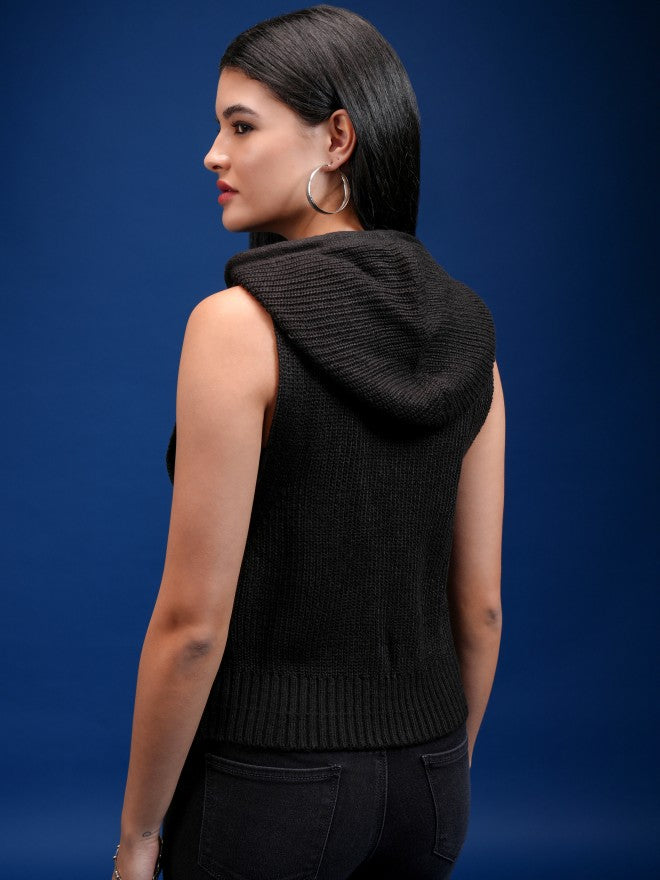 Tokyo Talkies Women Black Hood Sweater - Black - Image 3