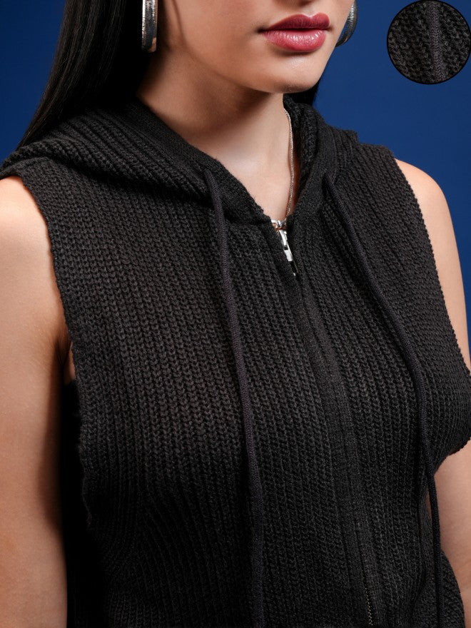 Tokyo Talkies Women Black Hood Sweater - Black - Image 5