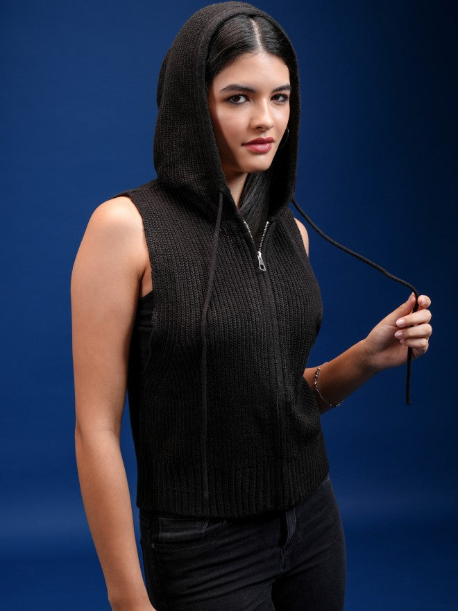 Tokyo Talkies Women Black Hood Sweater - Black - Image 6