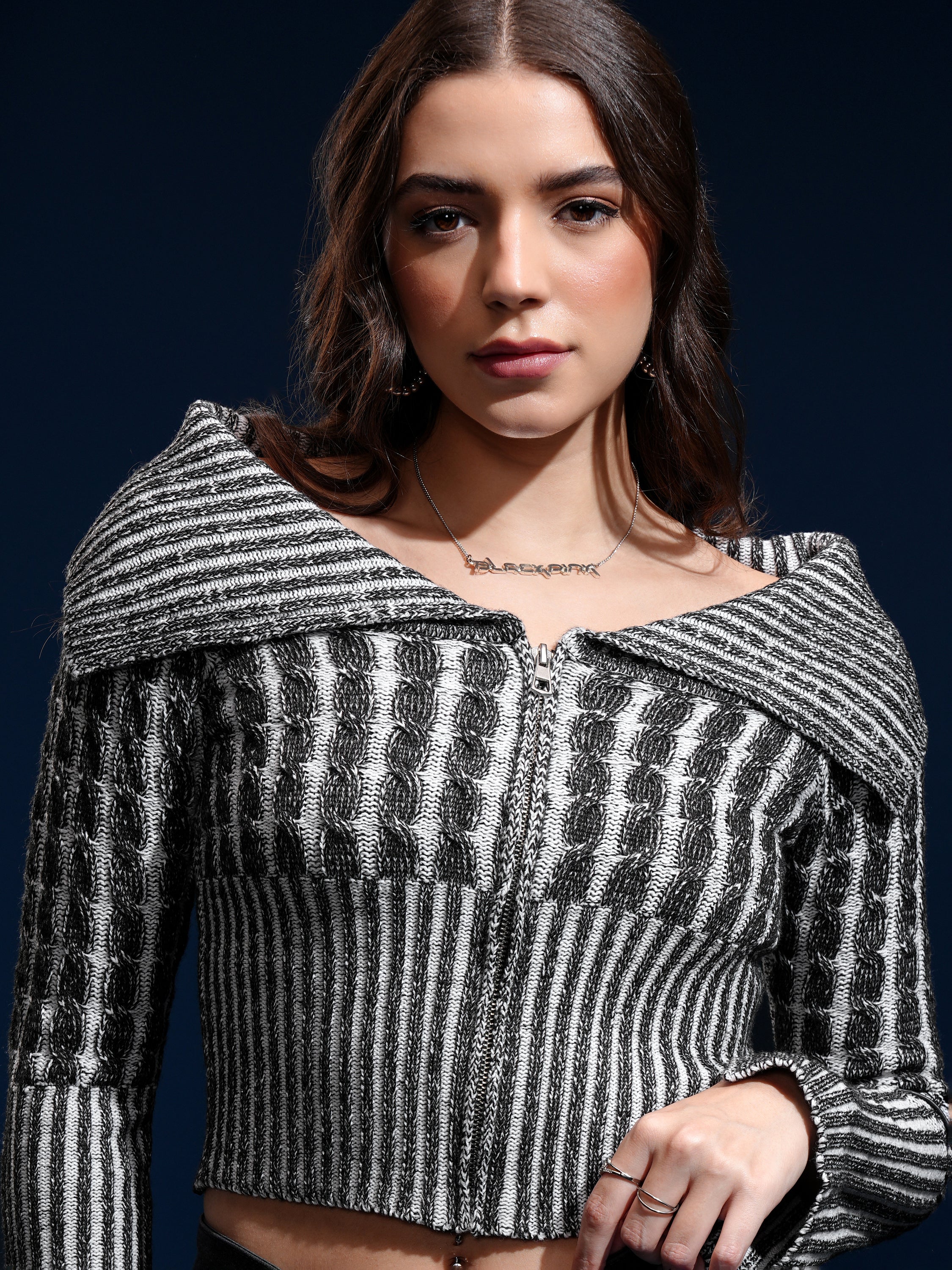Tokyo Talkies Women Black Lapel Collar Sweater - Black - Image 1