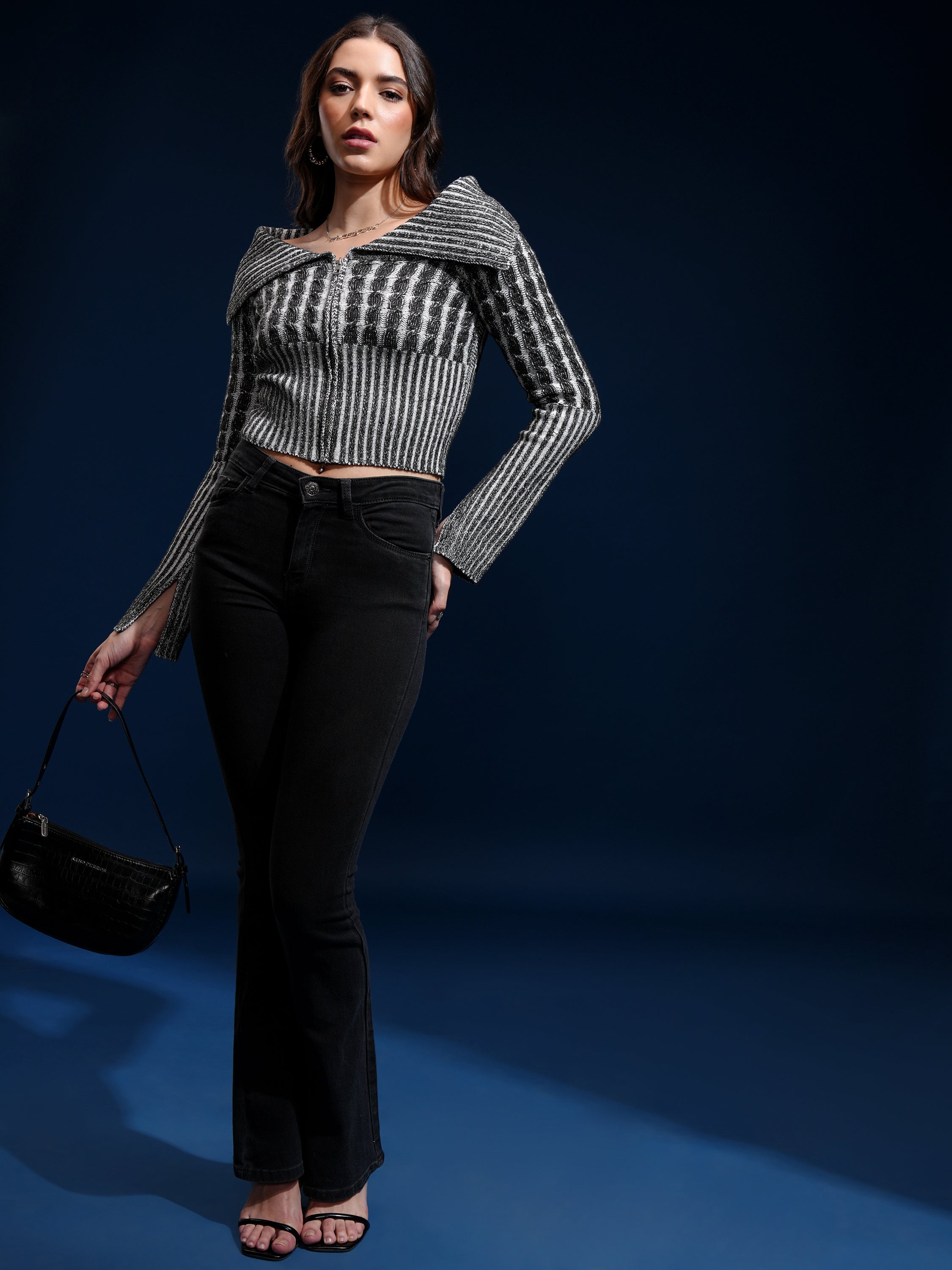 Tokyo Talkies Women Black Lapel Collar Sweater - Black - Image 2