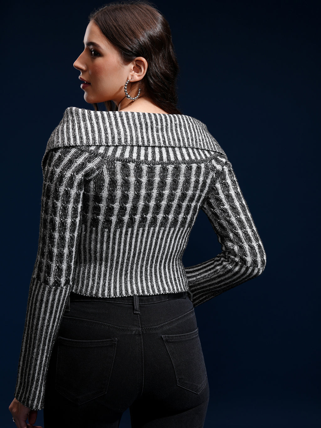 Tokyo Talkies Women Black Lapel Collar Sweater - Black - Image 3