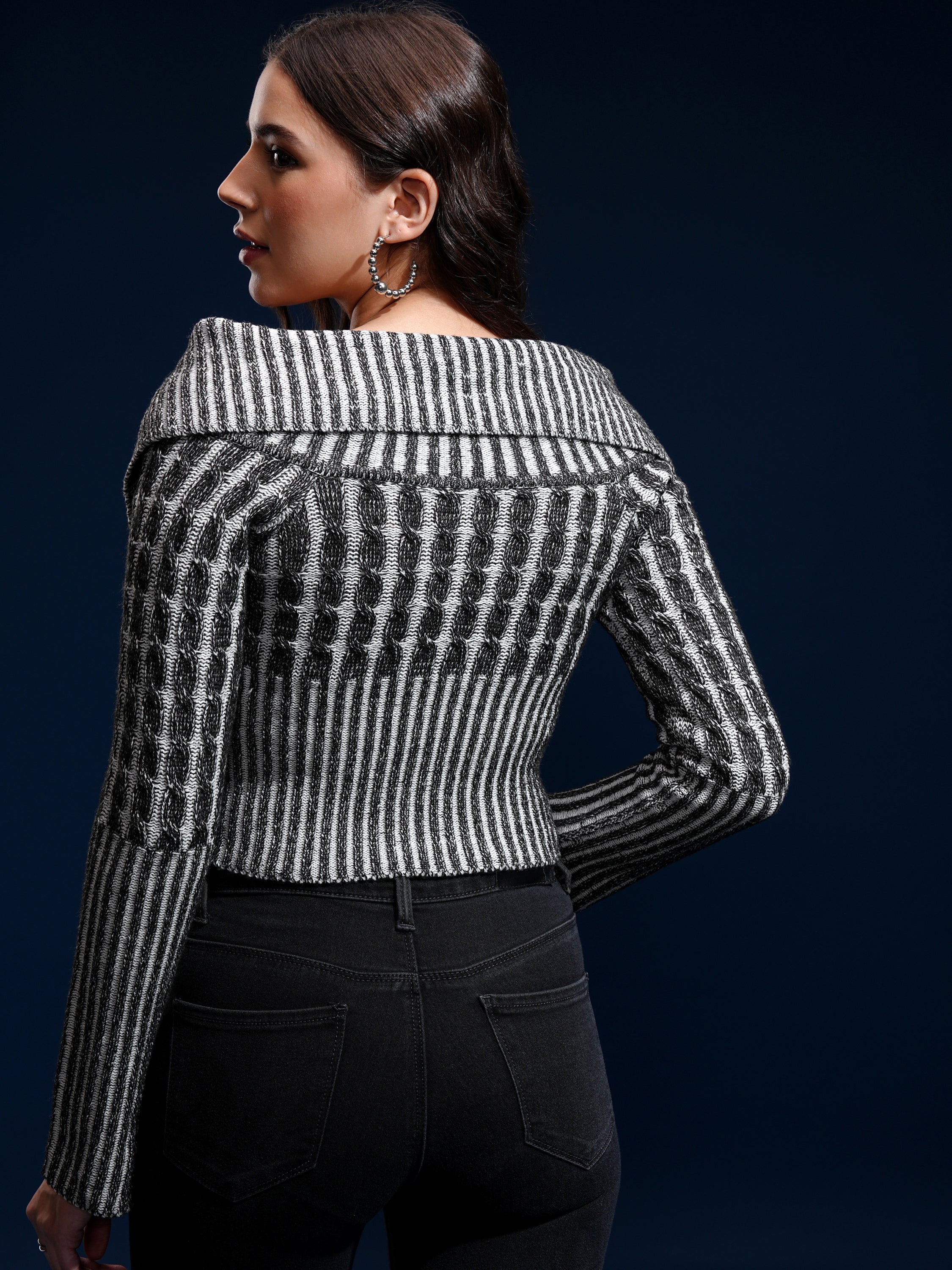 Tokyo Talkies Women Black Lapel Collar Sweater - Black - Image 3