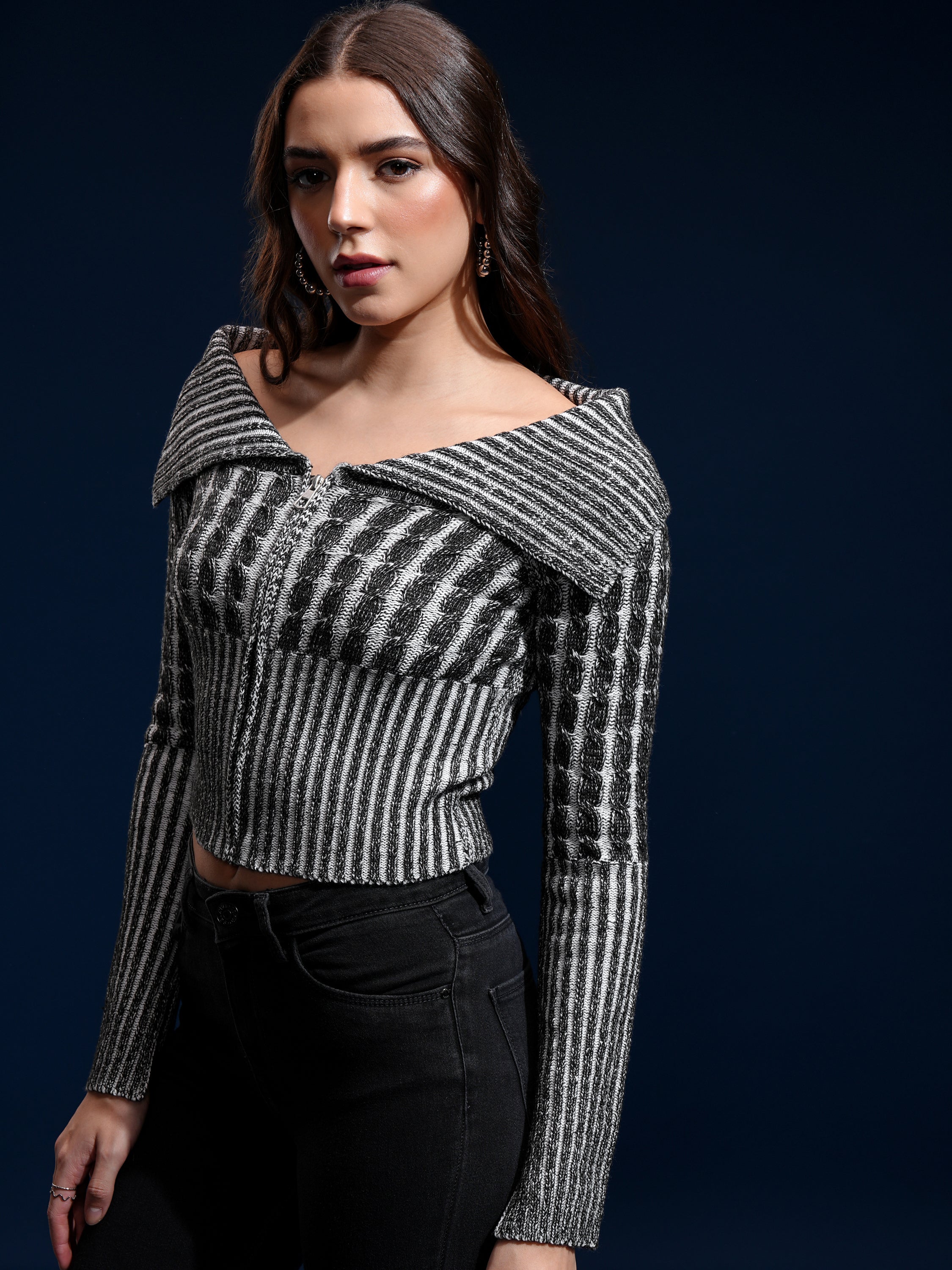 Tokyo Talkies Women Black Lapel Collar Sweater - Black - Image 4
