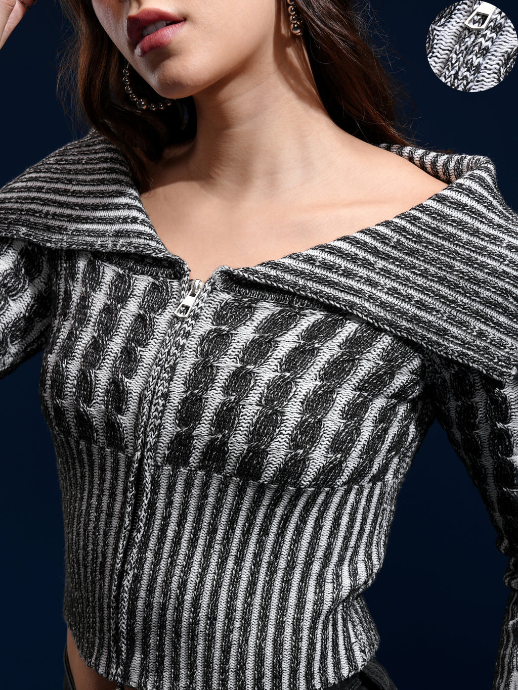 Tokyo Talkies Women Black Lapel Collar Sweater - Black - Image 5