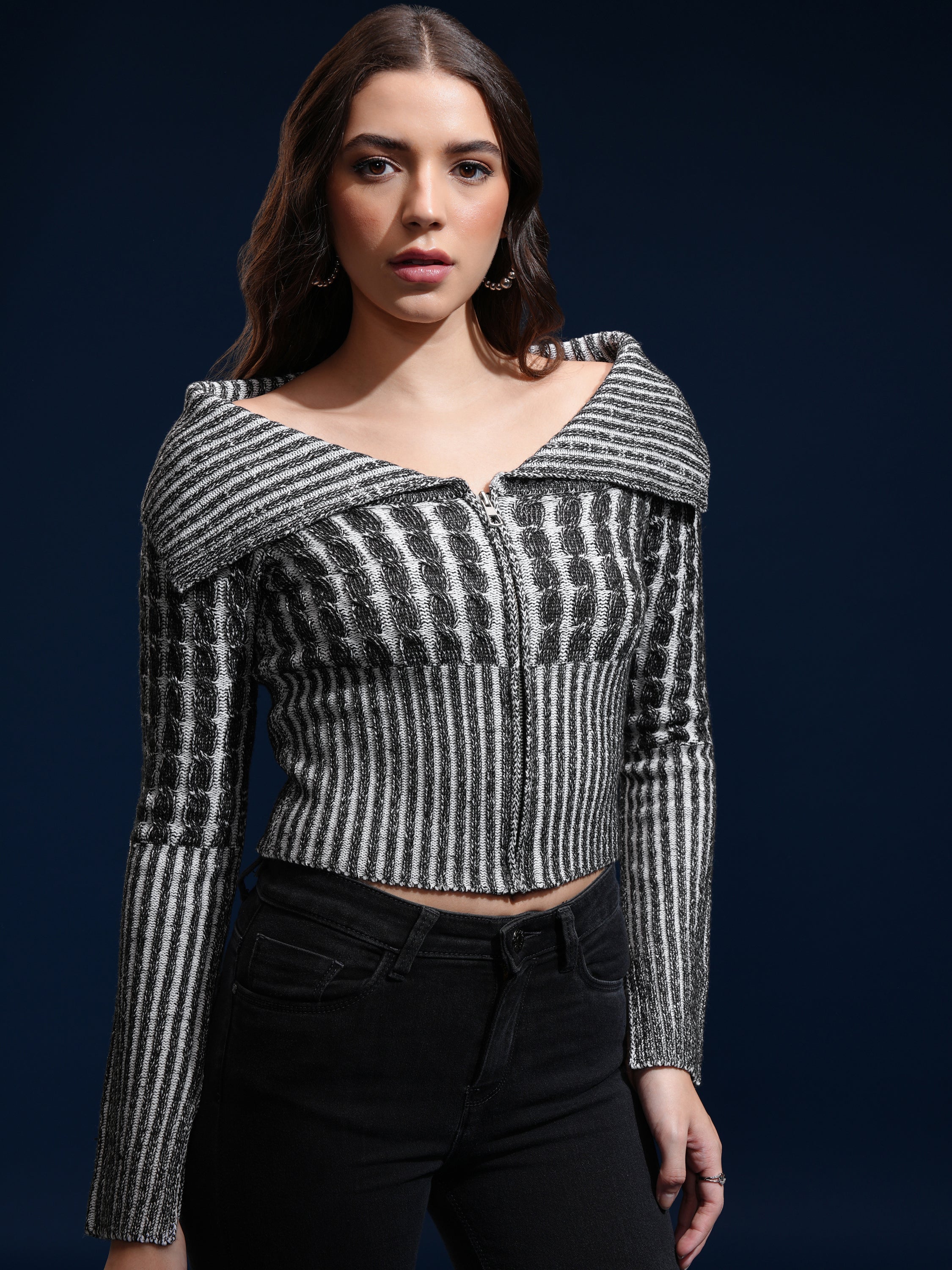 Tokyo Talkies Women Black Lapel Collar Sweater - Black - Image 6