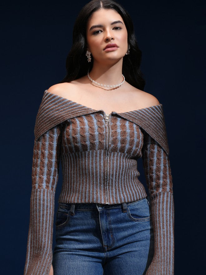 Tokyo Talkies Women Brown Off-Shoulder Sweater - Brown - Image 1