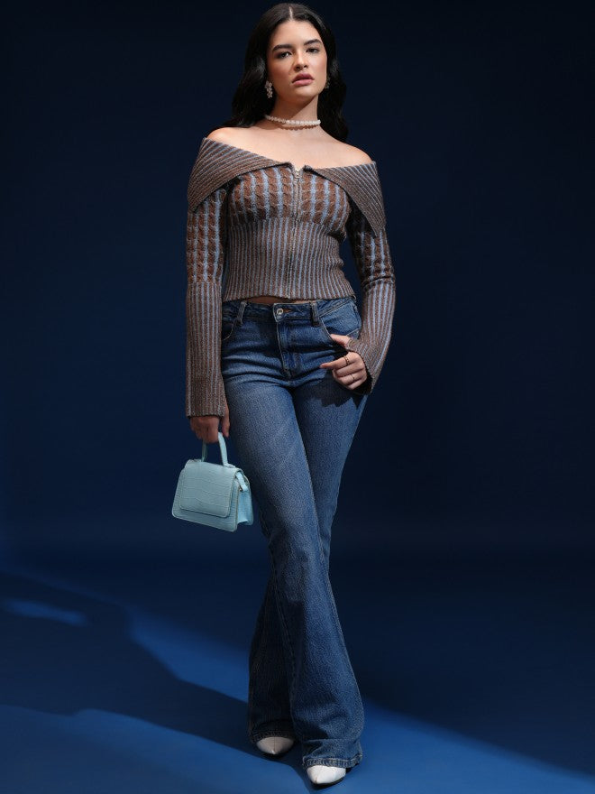 Tokyo Talkies Women Brown Off-Shoulder Sweater - Brown - Image 2