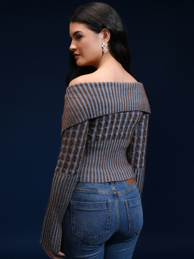 Tokyo Talkies Women Brown Off-Shoulder Sweater - Brown - Image 3