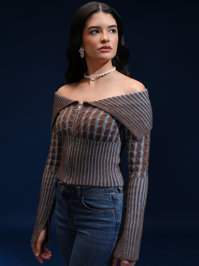 Tokyo Talkies Women Brown Off-Shoulder Sweater - Brown - Image 4
