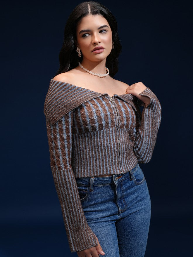 Tokyo Talkies Women Brown Off-Shoulder Sweater - Brown - Image 6