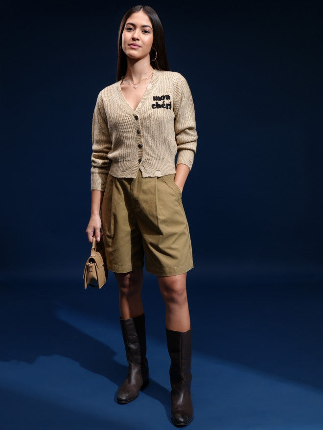Tokyo Talkies Women Beige Lapel Collar Sweater - Beige - Image 2