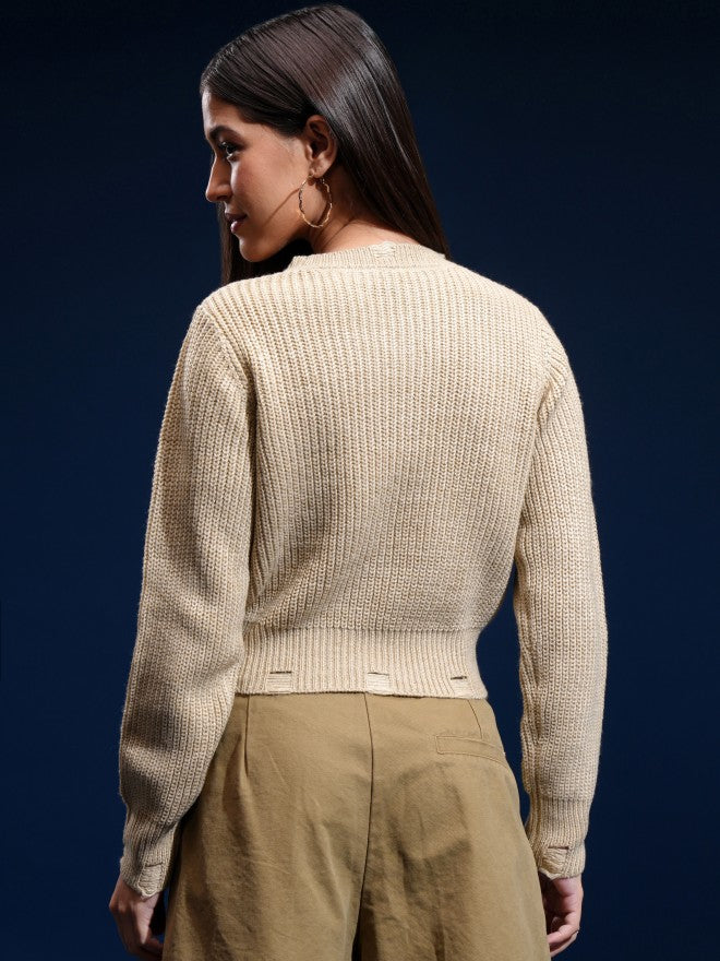 Tokyo Talkies Women Beige Lapel Collar Sweater - Beige - Image 3