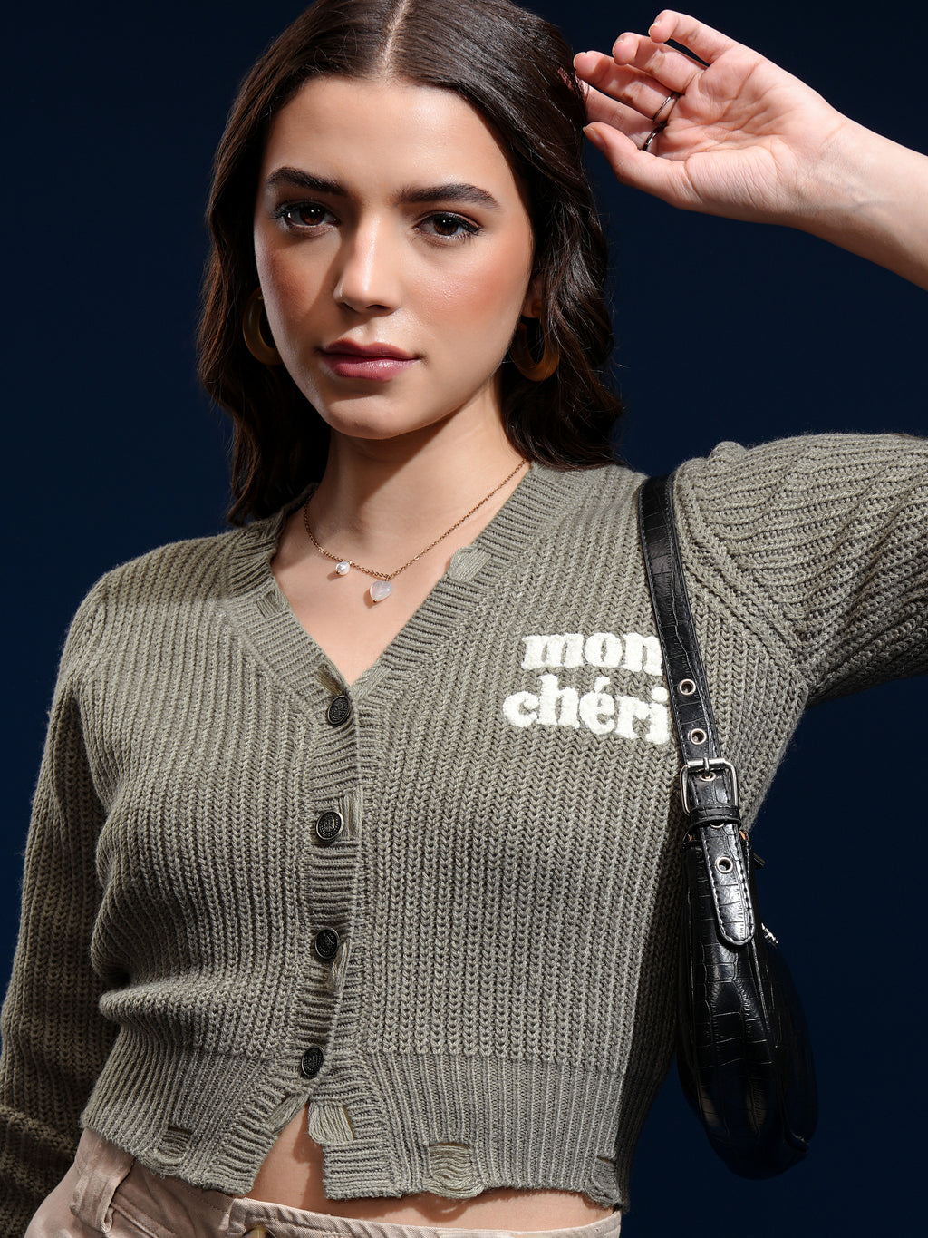 Tokyo Talkies Women Olive Lapel Collar Sweater - Olive - Image 1