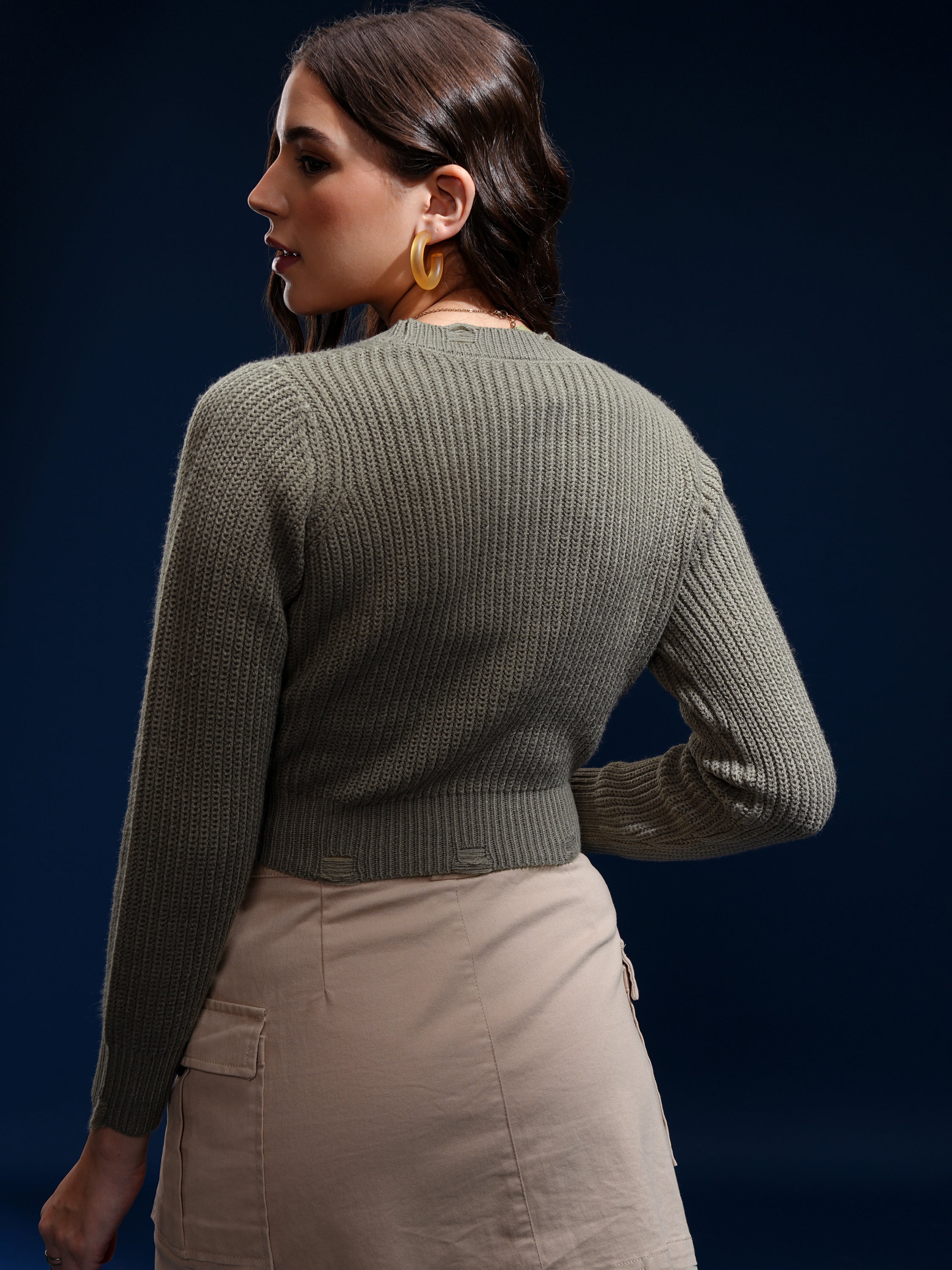 Tokyo Talkies Women Olive Lapel Collar Sweater - Olive - Image 3