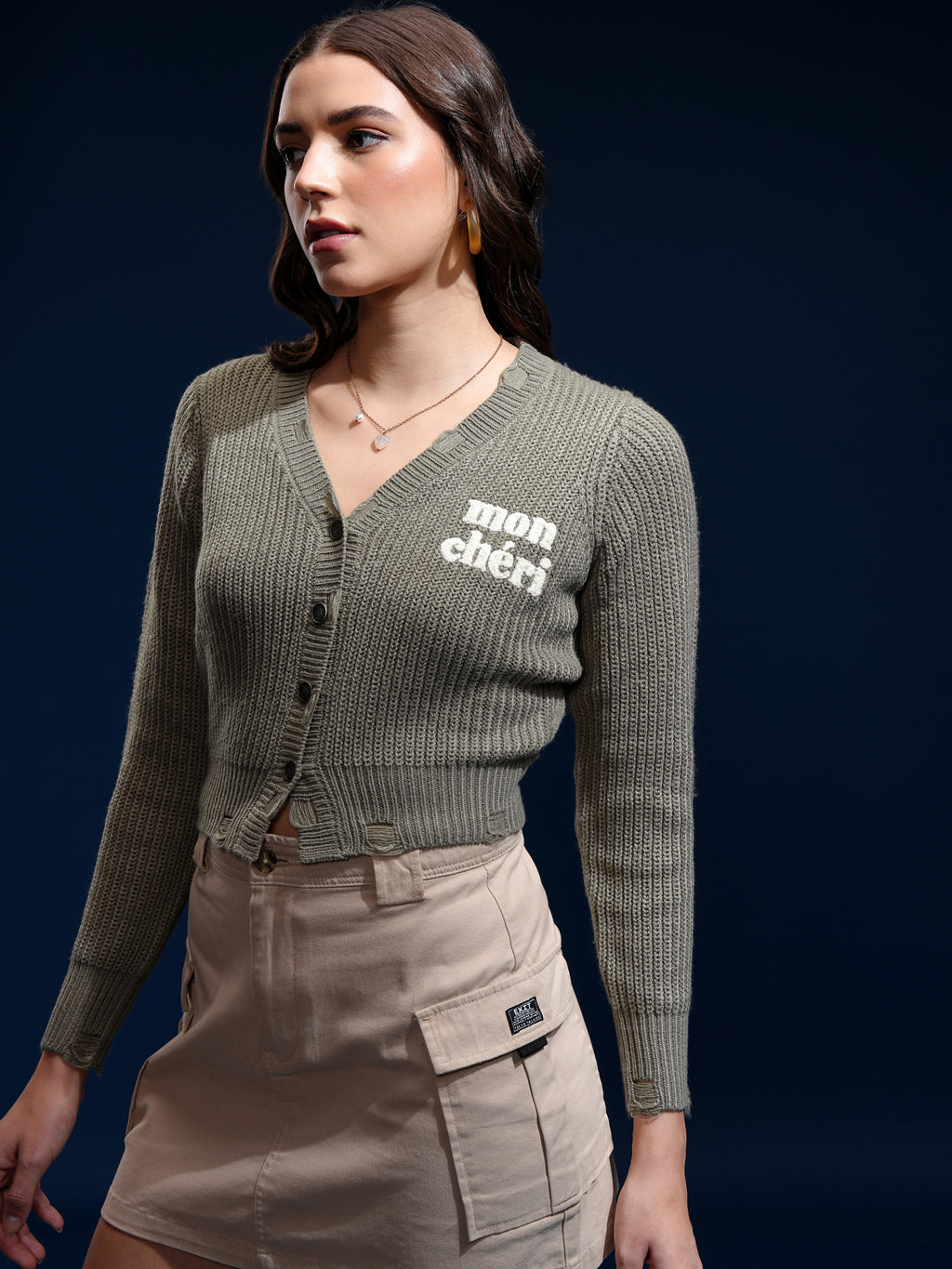 Tokyo Talkies Women Olive Lapel Collar Sweater - Olive - Image 4