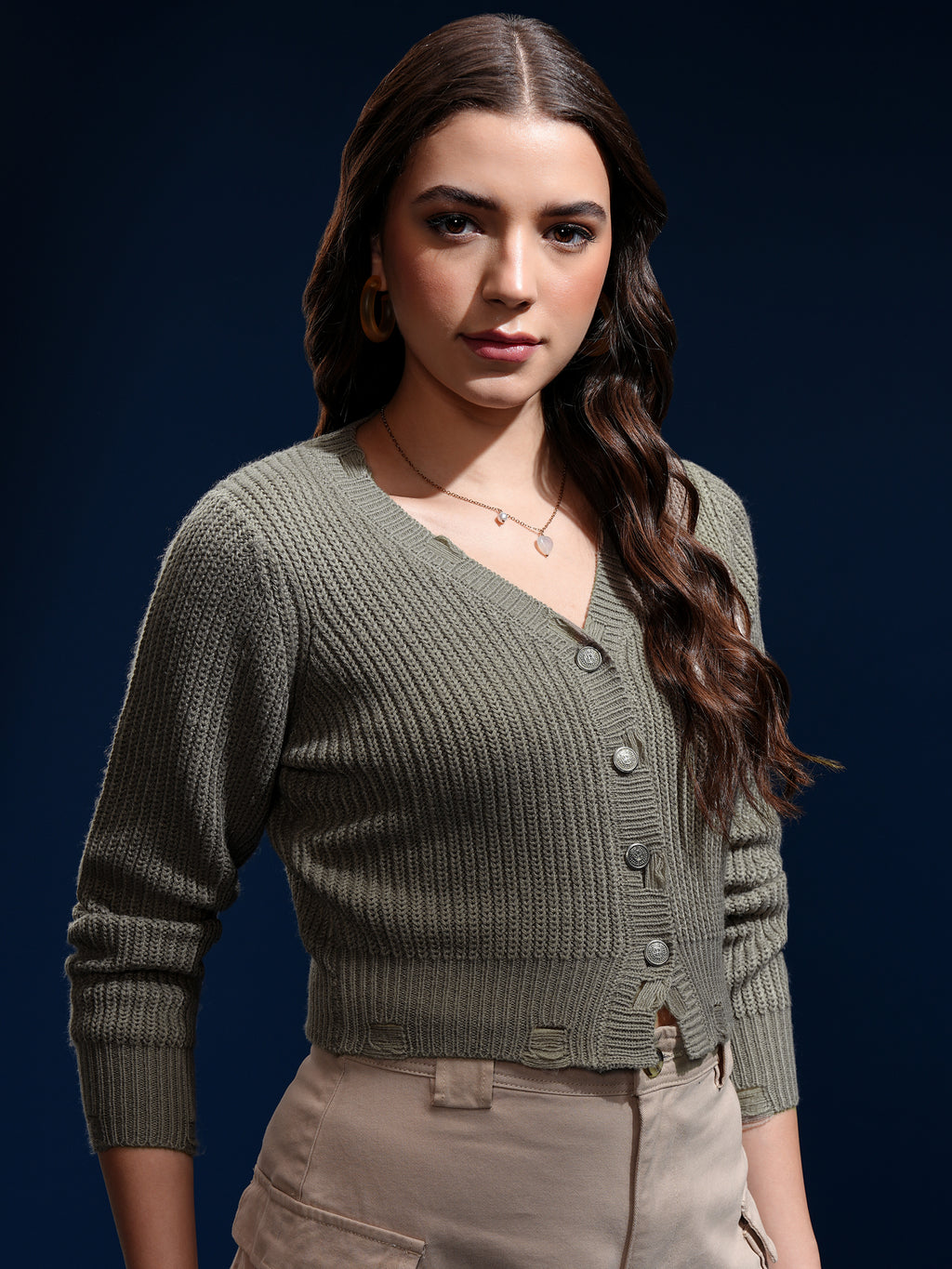 Tokyo Talkies Women Olive Lapel Collar Sweater - Olive - Image 6