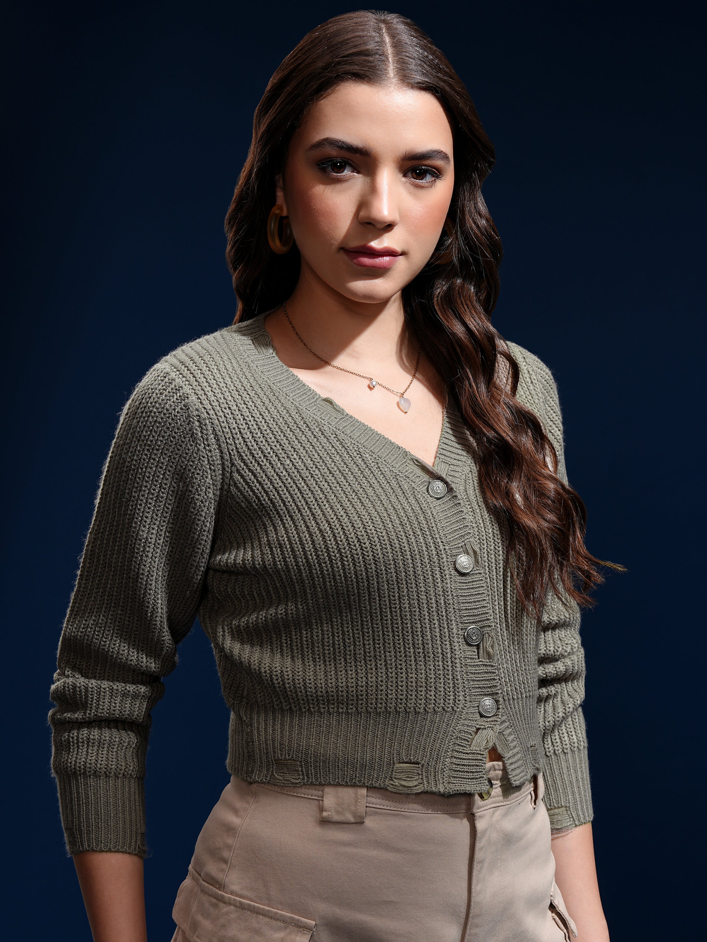 Tokyo Talkies Women Olive Lapel Collar Sweater - Olive - Image 6