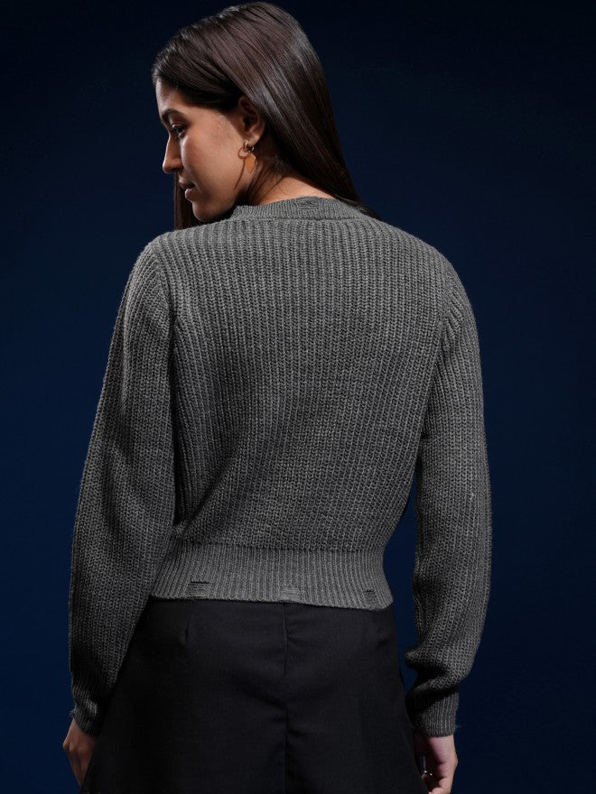 Tokyo Talkies Women Grey Lapel Collar Sweater - Grey - Image 3
