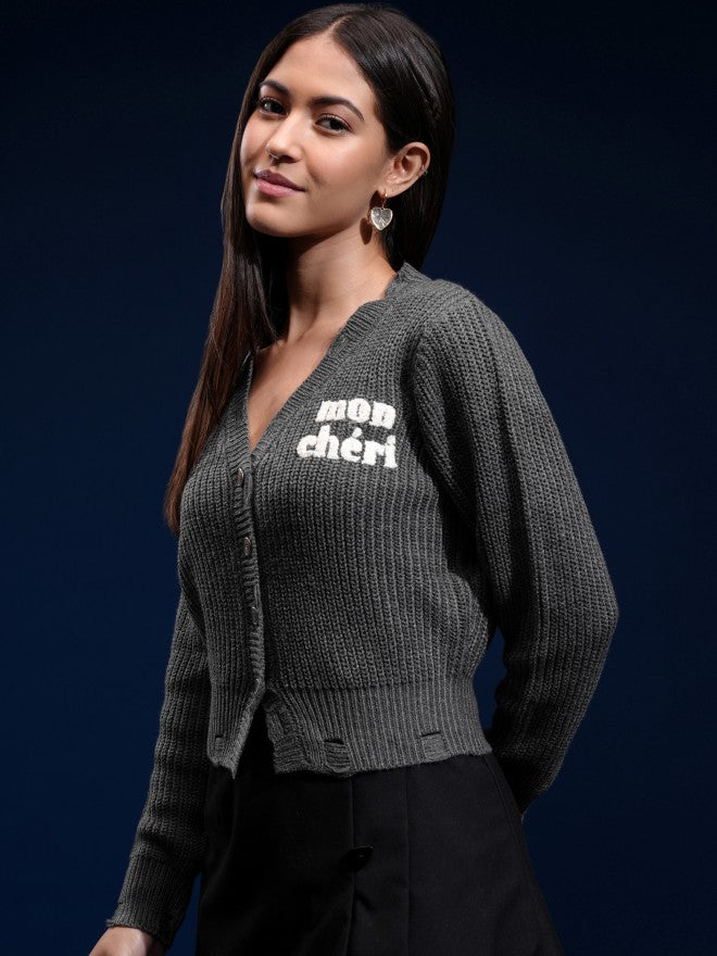 Tokyo Talkies Women Grey Lapel Collar Sweater - Grey - Image 4