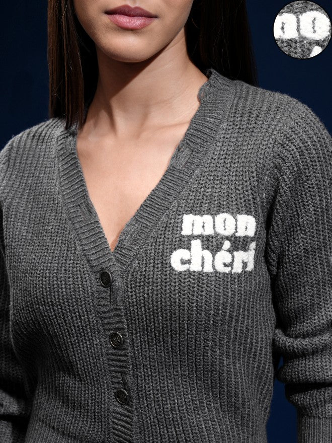 Tokyo Talkies Women Grey Lapel Collar Sweater - Grey - Image 5