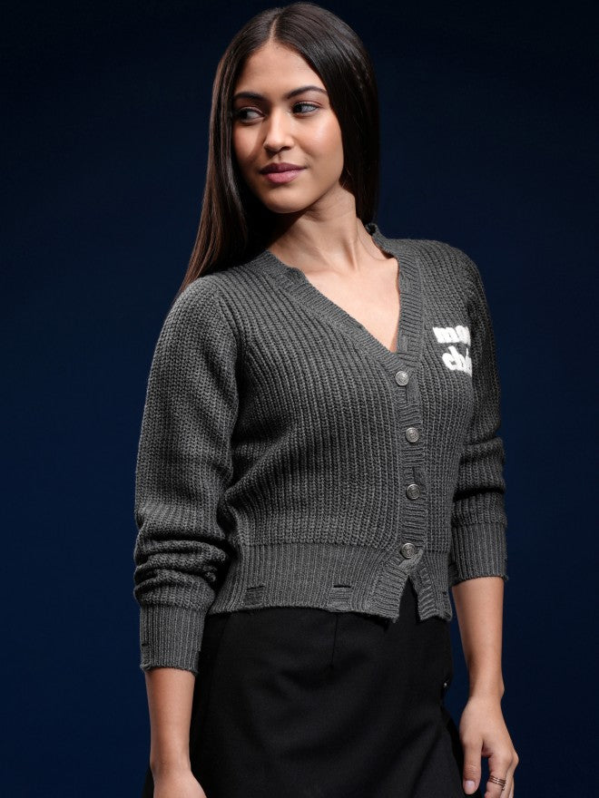 Tokyo Talkies Women Grey Lapel Collar Sweater - Grey - Image 6