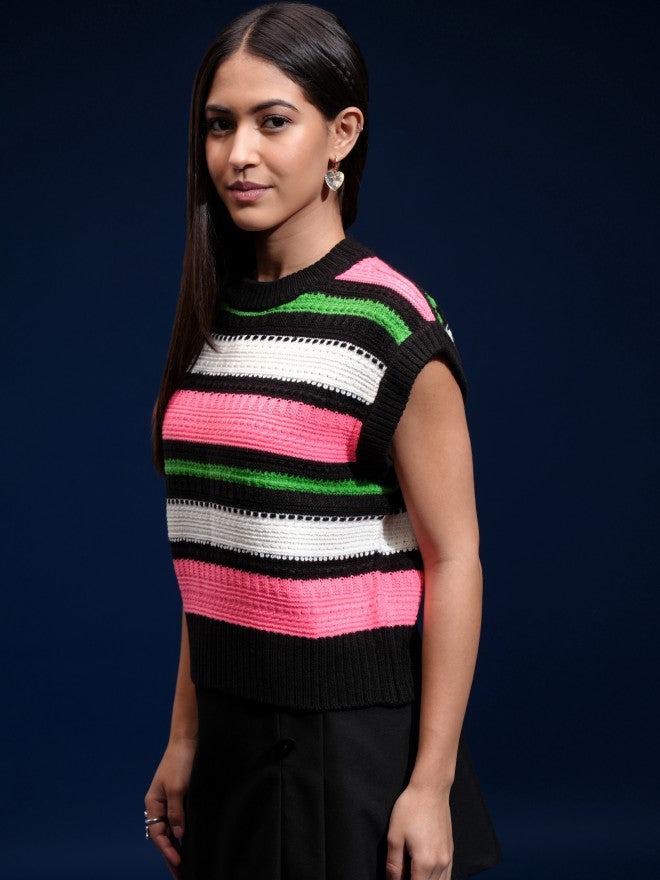 Tokyo Talkies Women Black Round Neck Sweater - Black - Image 4
