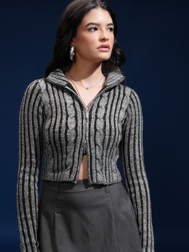 Tokyo Talkies Women Grey Shawl Neck Sweater - Grey - Image 1